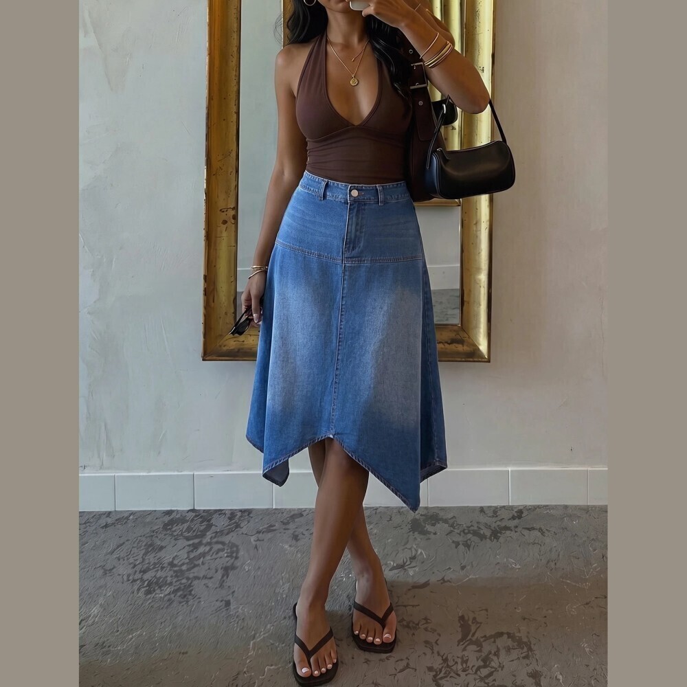 Medium Wash Denim Handkerchief Hem Midi Skirt